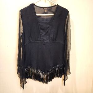MSSIONI Elegant Black Fringe 100% Silk  Women's Top Size L